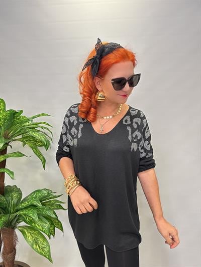 4646 Italyan Taşlı Leopar Detay Triko Bluz Siyah