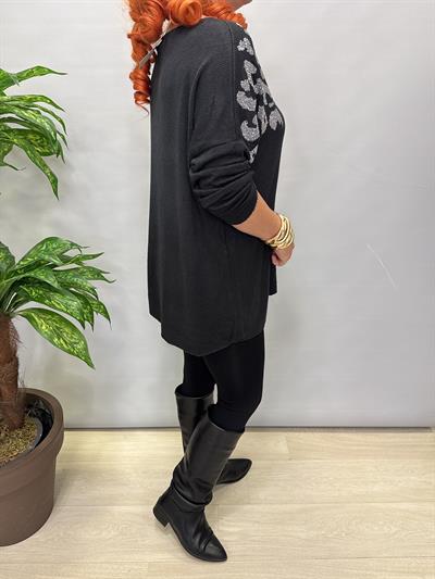 4646 Italyan Taşlı Leopar Detay Triko Bluz Siyah