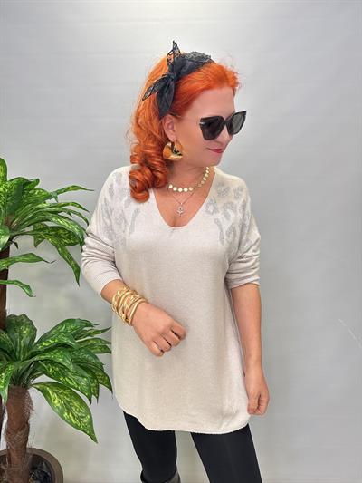4646 Italyan Taşlı Leopar Detay Triko Bluz Taş