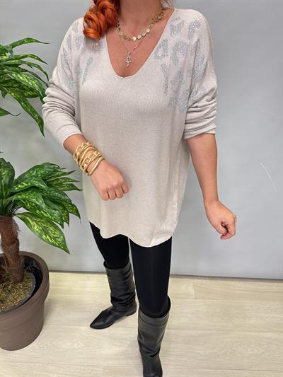 4646 Italyan Taşlı Leopar Detay Triko Bluz Taş