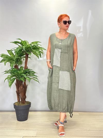 5002 Italyan Tasarım Keten Elbise Haki