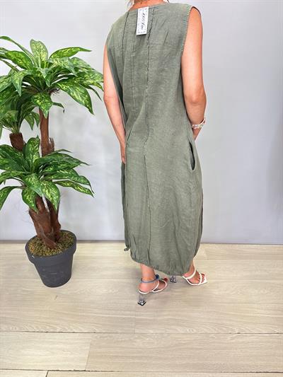 5002 Italyan Tasarım Keten Elbise Haki