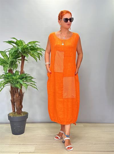 5002 Italyan Tasarım Keten Elbise Turuncu