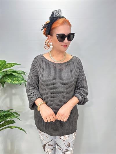 5023 Itayan Kayık Yaka File Bluz Antrasit