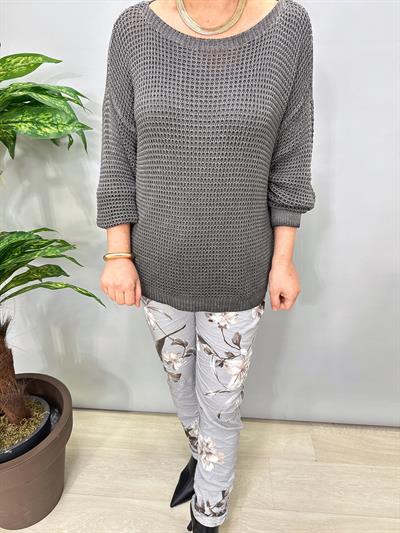 5023 Itayan Kayık Yaka File Bluz Antrasit