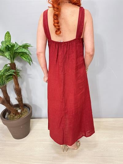 5045 Italyan Ham Keten Elbise Bordo 