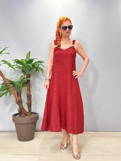5045 Italyan Ham Keten Elbise Bordo 
