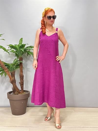 5045 Italyan Ham Keten Elbise Fuşya/Leylak