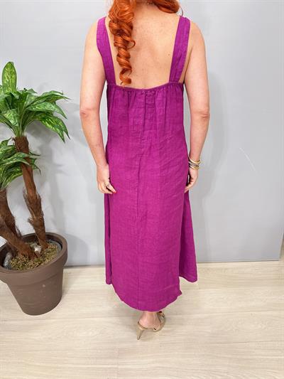 5045 Italyan Ham Keten Elbise Fuşya/Leylak