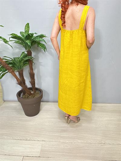 5045 Italyan Ham Keten Elbise Sarı