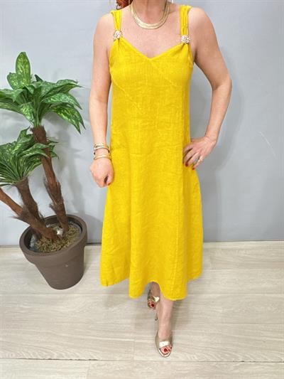 5045 Italyan Ham Keten Elbise Sarı