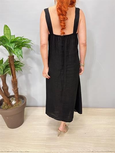 5045 Italyan Ham Keten Elbise Siyah