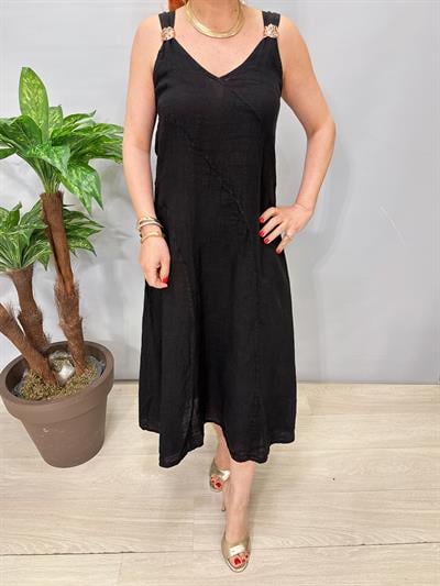 5045 Italyan Ham Keten Elbise Siyah