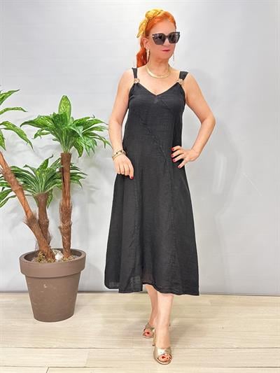 5045 Italyan Ham Keten Elbise Siyah