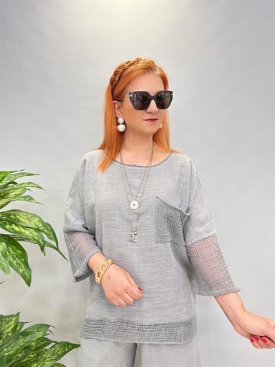 5040 Pamuklu Fİle Detaylı Bluz Gri