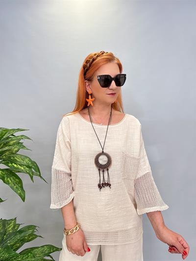 5040 Pamuklu Fİle Detaylı Bluz Taş