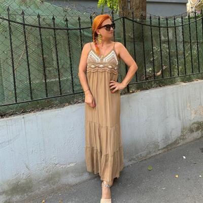 5055 PREMIUM İTALYAN İPEK TASARIM ELBİSE KAHVE 36/42 BEDEN ARASI UYUMLUDUR