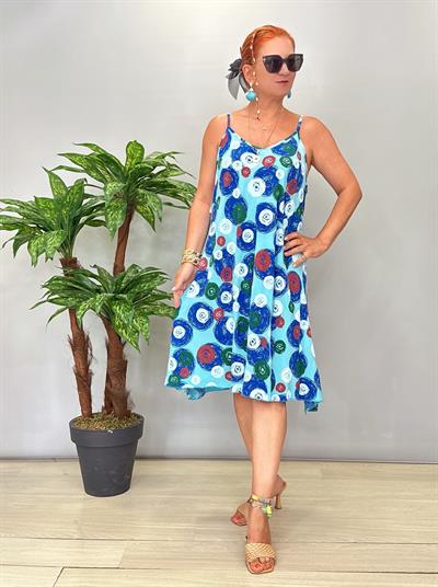 5076 Italyan Desenli Elbise Turkuaz