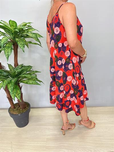 5076 Italyan Desenli Elbise Kırmızı