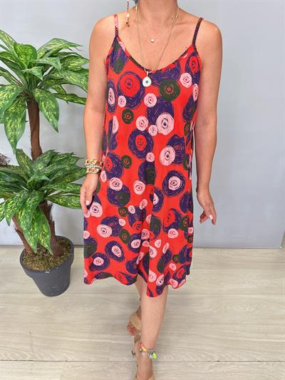 5076 Italyan Desenli Elbise Kırmızı
