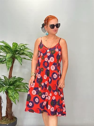 5076 Italyan Desenli Elbise Kırmızı