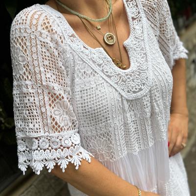 İLAVE ASTAR GİYİNİZ 51128 PREMIUM İTHAL GÜPÜR DETAY ELBİSE  BEYAZ  boyum 1.64