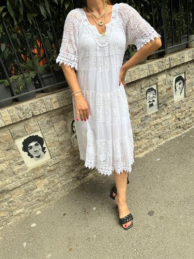 İLAVE ASTAR GİYİNİZ 51128 PREMIUM İTHAL GÜPÜR DETAY ELBİSE  BEYAZ  boyum 1.64