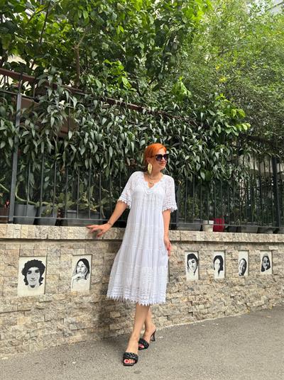 İLAVE ASTAR GİYİNİZ 51128 PREMIUM İTHAL GÜPÜR DETAY ELBİSE  BEYAZ  boyum 1.64