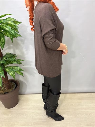 5214 Italyan Düz V Yaka Triko Bluz Kahve