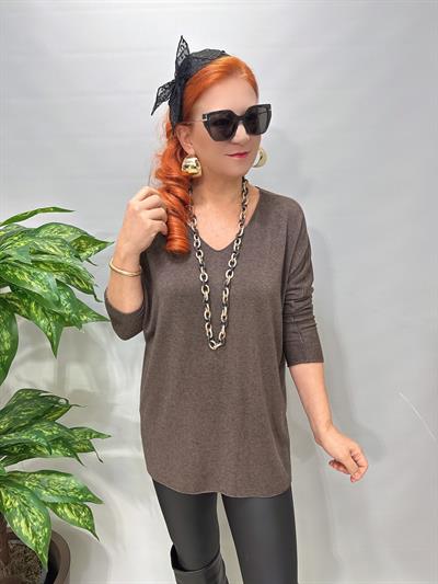 5214 Italyan Düz V Yaka Triko Bluz Kahve