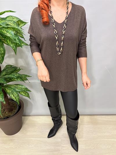 5214 Italyan Düz V Yaka Triko Bluz Kahve