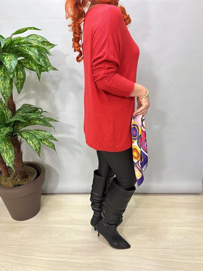 5214 Italyan Düz V Yaka Triko Bluz Kırmızı