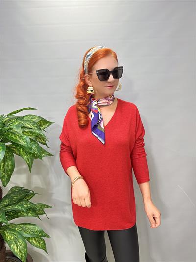 5214 Italyan Düz V Yaka Triko Bluz Kırmızı