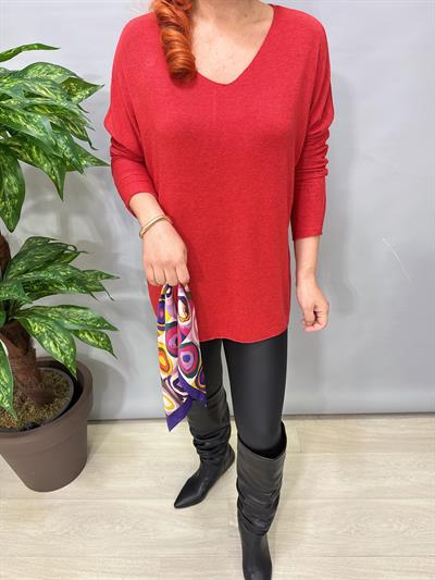 5214 Italyan Düz V Yaka Triko Bluz Kırmızı