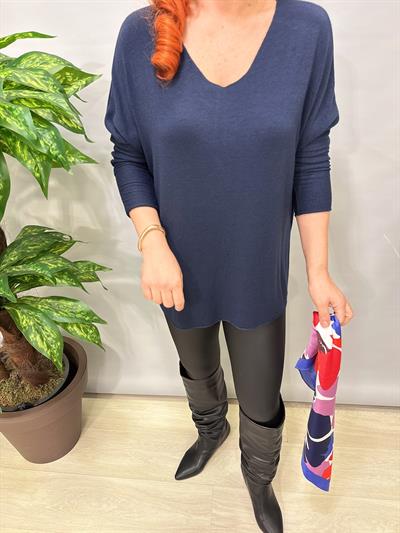 5214 Italyan Düz V Yaka Triko Bluz Lacivert