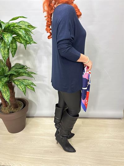 5214 Italyan Düz V Yaka Triko Bluz Lacivert