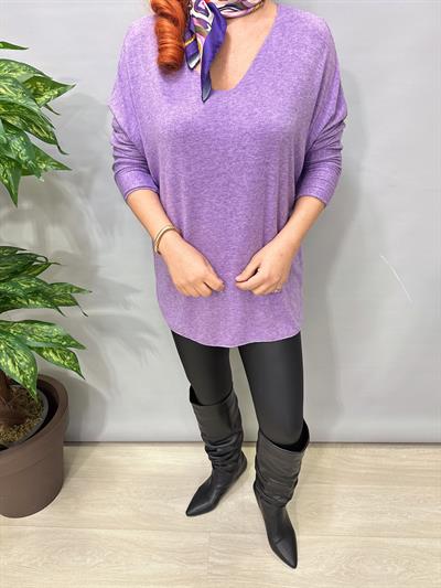 5214 Italyan Düz V Yaka Triko Bluz Lila