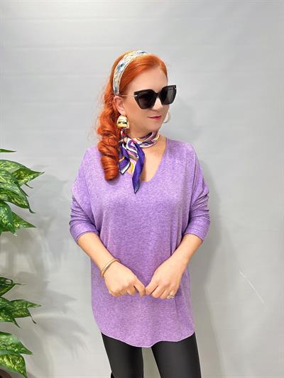 5214 Italyan Düz V Yaka Triko Bluz Lila