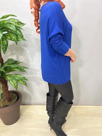 5214 Italyan Düz V Yaka Triko Bluz Saks Mavi