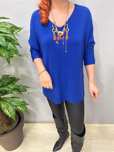 5214 Italyan Düz V Yaka Triko Bluz Saks Mavi