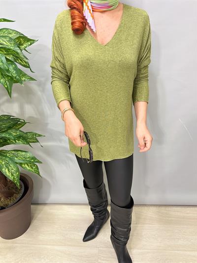 5214 Italyan Düz V Yaka Triko Bluz Yeşil