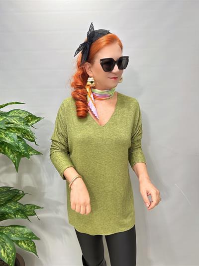 5214 Italyan Düz V Yaka Triko Bluz Yeşil