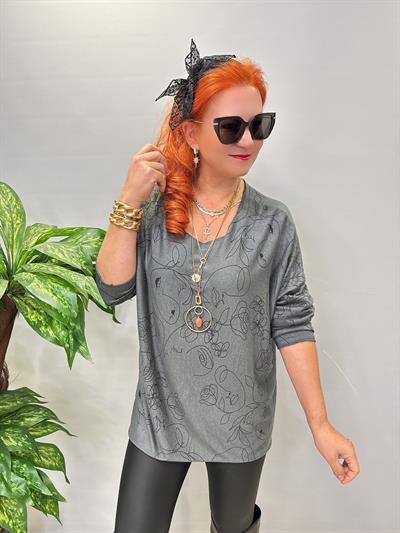 5455 Italyan Desenli Triko Bluz Gri