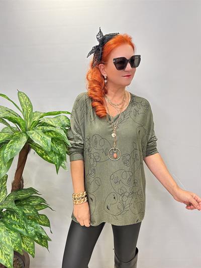 5455 Italyan Desenli Triko Bluz Haki