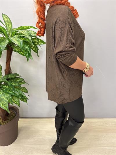 5455 Italyan Desenli Triko Bluz Kahve