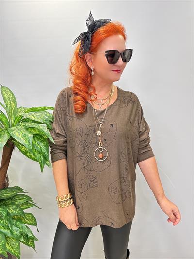 5455 Italyan Desenli Triko Bluz Kahve