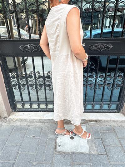 5545 Italyan Keten Elbise Taş