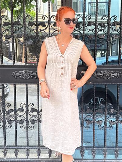 5545 Italyan Keten Elbise Taş