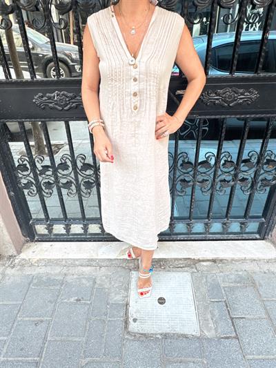 5545 Italyan Keten Elbise Taş