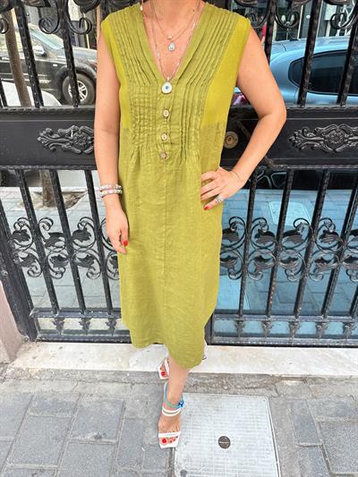 5545 Italyan Keten Elbise Yeşil